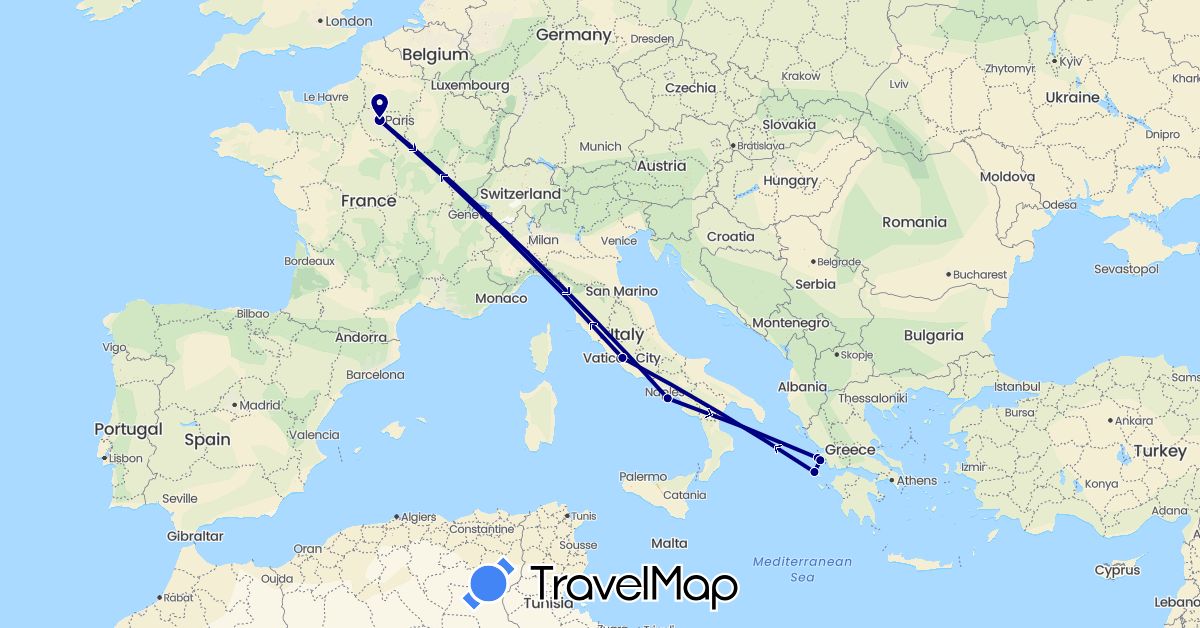 TravelMap itinerary: driving in France, Greece, Italy, United States (Europe, North America)